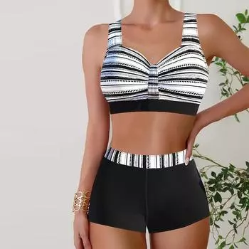 Женские купальники Танкини 2 шт. Купальник Розовый изогнутый цветочный принт Отпускные купальные костюмы S розовый