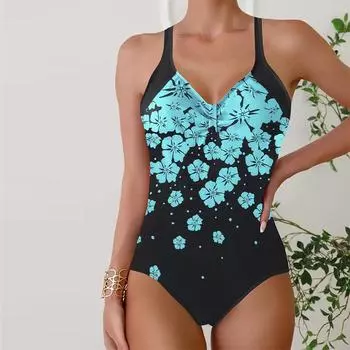 Женские купальники Танкини 2 шт. Купальник Розово-красные цветы с принтом Отпускные купальные костюмы S зелёный