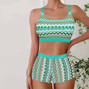 Женские купальники Танкини 2 шт. Купальник Зеленая волна с ромбовидным принтом Отпускные купальные костюмы S синий