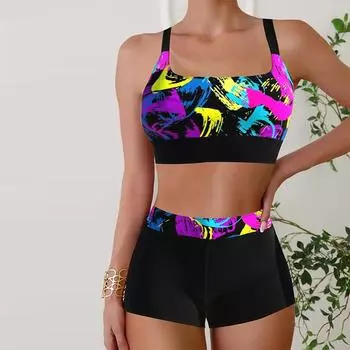 Женские купальники Танкини 2 шт. Купальник с красочным принтом граффити Отпускные купальные костюмы S чёрный