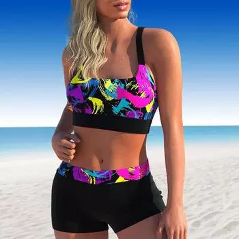 Женские купальники танкини из 2 частей, красочные и привлекающие внимание граффити-принты, купальные костюмы для отпуска S чёрный