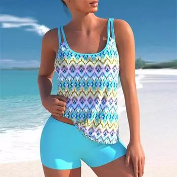 Женские купальники, танкини, комплект из 2 предметов, розовый купальник с жимолостью и принтом, отпускные купальные костюмы S темно-синий