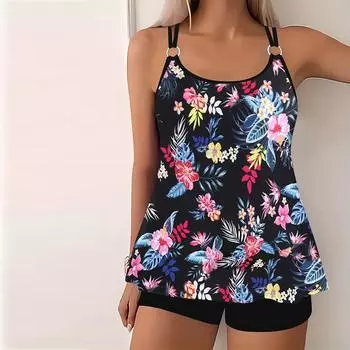 Женские купальники танкини, комплект из 2 предметов, купальник с фрагментарными цветами, отпускные купальные костюмы S чёрный