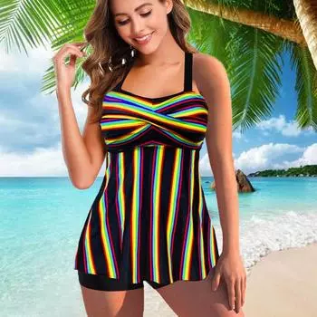 Женские купальники танкини, комплект из 2 предметов, купальник в радужную полоску, отпускные купальные костюмы S разноцветный