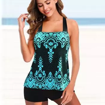 Женские купальники танкини, комплект из 2 предметов, купальник в сетку с цветком, купальный костюм для отпуска, купальник с подвесным вырезом M синий