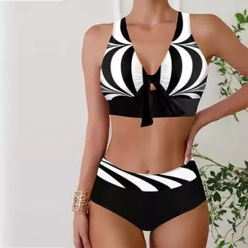 Женские купальники, танкини, комплект из 2 предметов, купальник с белым полумесяцем, отпускные купальные костюмы S чёрный