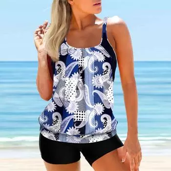 Женские купальники Танкини, купальник из 2 предметов, синий цветочный принт кешью, отпускные купальные костюмы S красный