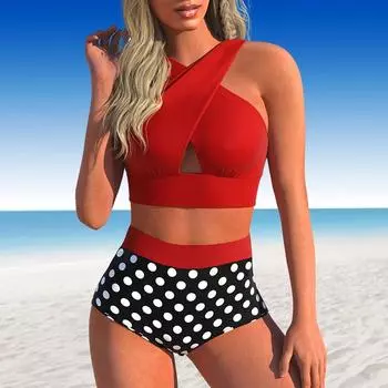 Женские купальники Танкини, купальник из 2 предметов, черный искушение, красный и точечный принт, отпускные купальные костюмы S белый