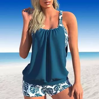 Женские купальники танкини, купальник из 2 предметов, синий снежинка, клетчатый принт, отпускные купальные костюмы S синий