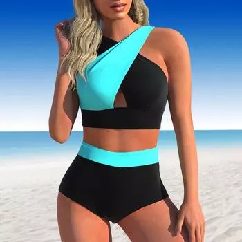 Женские купальники танкини, купальник из 2 предметов, черный, синий, гетерохроматический, с цветным принтом, отпускные купальные костюмы S белый