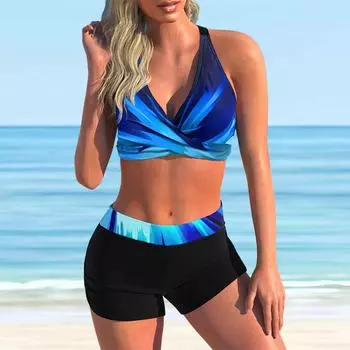 Женские купальники танкини, купальник из 2 предметов, красный камуфляжный жилет со звездами и крестом, отпускные купальные костюмы с принтом S циан