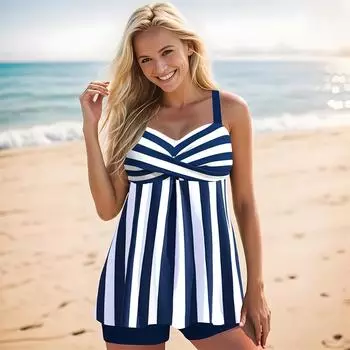 Женские купальники Танкини, купальник из 2 предметов, белый, синий, в вертикальную полоску, с принтом, купальные костюмы для отпуска S циан