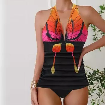 Женские купальники танкини, купальник из 2 предметов, оранжевая бабочка, отпускные купальные костюмы, купальник с подвесным вырезом S синий