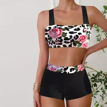 Женские купальники танкини, купальник из 2 предметов, розовый леопардовый принт, розовый принт, отпускные купальные костюмы S белый