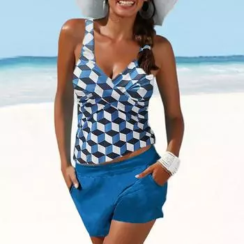 Женские купальники, танкини, купальник из 2 предметов, синий кубик Рубика, сетка, принт, отпускные купальные костюмы S чёрный
