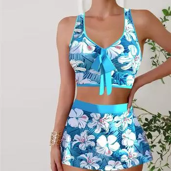 Женские купальники танкини, купальник из 2 предметов, синие тычинки с цветочным принтом, отпускные купальные костюмы S чёрный