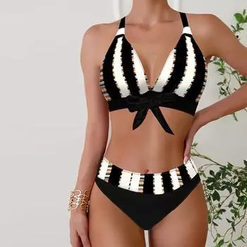 Женские купальники танкини, купальник из 2 предметов, черно-белые изогнутые полоски с принтом, отпускные купальные костюмы S белый