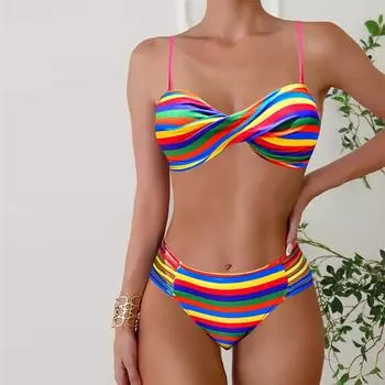 Женские купальники танкини, купальник из 2 предметов, разноцветные красивые полоски с принтом, купальные костюмы для отдыха S разноцветный