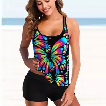 Женские купальники танкини, купальник из 2 предметов, красочные купальные костюмы для отдыха с бабочками S синий