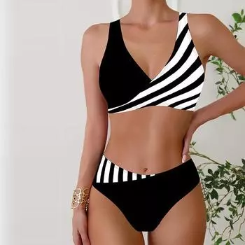 Женские купальники танкини, купальник из 2 предметов, черно-белые полоски, отпускные купальные костюмы, купальник с подвесным вырезом S чёрный
