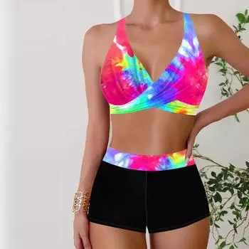 Женские купальники танкини, купальник из 2 предметов, красочные граффити, купальные костюмы для отпуска, купальник с подвесным вырезом S разноцветный