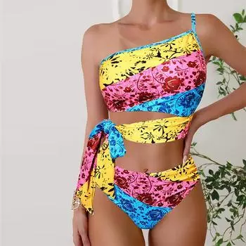 Женские купальники танкини, купальник из 2 предметов, разноцветный купальник с наклонными плечами и принтом розы, отпускные купальные костюмы S разноцветный