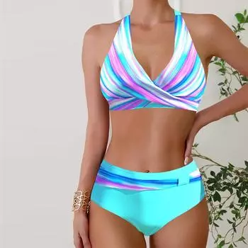 Женские купальники, танкини, купальник из 2 предметов, синий крест, радужная полоска, принт, купальные костюмы для отпуска S чёрный