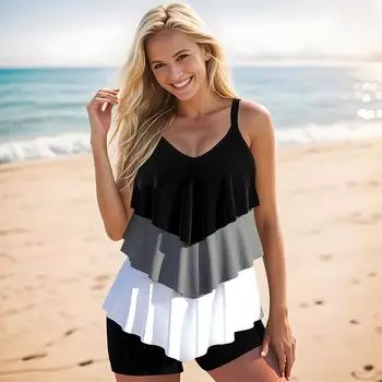 Женские купальники танкини, купальник из 2 предметов, черный купальник с принтом листьев лотоса, отпускные купальные костюмы S розовый