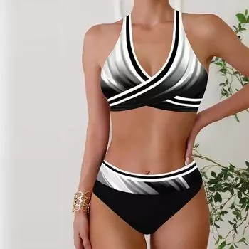 Женские купальники Танкини, купальник из 2 предметов, черно-белые полоски, отпускные купальные костюмы S чёрный