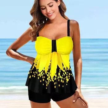 Женские купальники танкини, купальник из 2 предметов, желтый маленький квадратный купальный костюм для отпуска S синий