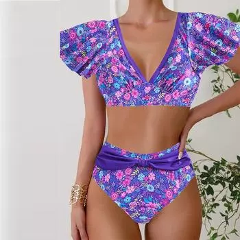 Женские купальники танкини, купальник из 2 предметов, фиолетовые цветы и растения, купальные костюмы для отдыха, маленький купальник с летающими рукавами S фиолетовый