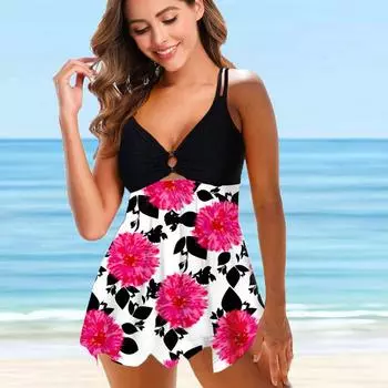 Женские купальники танкини, купальник из 2 предметов, розовые розы, купальные костюмы для отдыха M чёрный