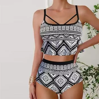 Женские купальники танкини, купальник из 2 предметов, черный ромбовидный принт, купальные костюмы для отпуска S чёрный