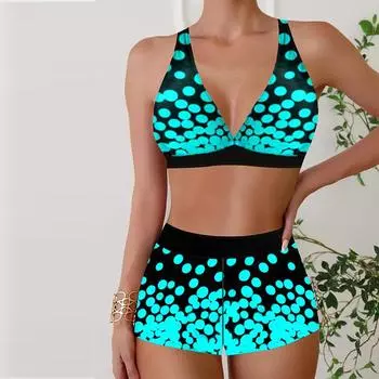 Женские купальники, танкини, купальник из 2 предметов, синий, в большой горошек, отпускные купальные костюмы, купальник с подвесным вырезом S синий