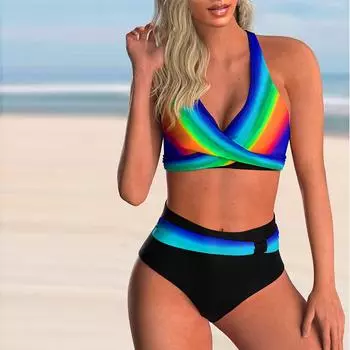 Женские купальники танкини, купальник из 2 предметов, синий индивидуальный полосатый принт, купальные костюмы для отдыха S синий