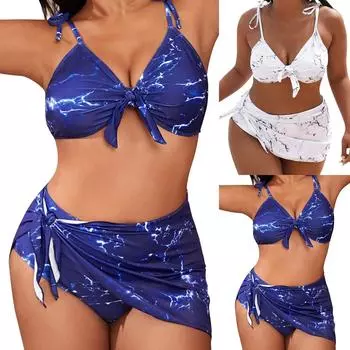 Женские купальные костюмы, комплект бикини с кольцом на шее и прикрытой юбкой, купальник для женщин, шорты L синий