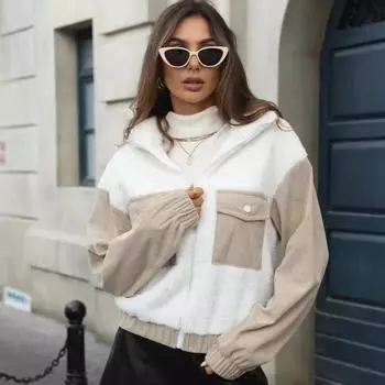 Женские куртки из флиса с капюшоном, пушистые теплые куртки, плюшевое пальто на молнии, верхняя одежда с длинными рукавами и карманами, зимние куртки с цветными блоками для женщин L белый