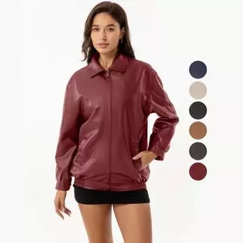 Женские куртки из искусственной кожи с длинными рукавами и лацканами на молнии, свободная куртка, осень-весна, мотоциклетные топы-бомберы, праздничная повседневная верхняя одежда S бордовый