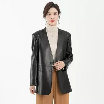 Женские куртки из натуральной кожи, новые женские кожаные куртки с V-образным вырезом из кожи растительного дубления, женские топы средней длины в европейском стиле M