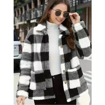 Женские куртки клетчатый толстый плюшевый кардиган с карманами на пуговицах куртка осень-зима однобортный пиджак с лацканами модная верхняя одежда S чёрный