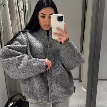 Женские куртки на пуговицах, бомберы, серое пальто с длинными рукавами, женская теплая верхняя одежда с карманами, куртки на весну и зиму M серый