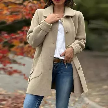 Женские куртки на пуговицах осень повседневная ветровка пальто куртка верхняя одежда с карманами L бежевый