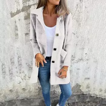 Женские куртки на пуговицах осень повседневная ветровка пальто куртка верхняя одежда с карманами L бежевый