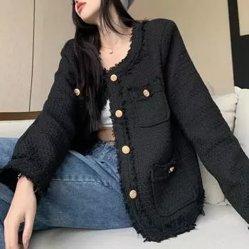 Женские куртки на пуговицах, осенне-зимние винтажные новые твидовые куртки с карманами и круглым вырезом, повседневные шикарные пальто с длинными рукавами S чёрный