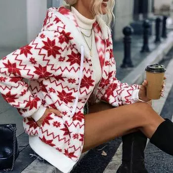 Женские куртки с капюшоном, рождественские флисовые пальто, зимняя теплая повседневная уличная верхняя одежда, женская одежда S