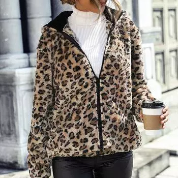Женские куртки с леопардовым принтом, осенне-зимние флисовые пальто с капюшоном, женская верхняя одежда на молнии S