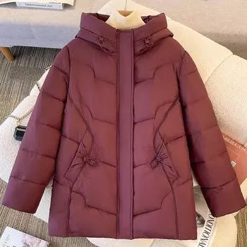 Женские куртки среднего возраста, зимние парки больших размеров с капюшоном 2024 года, элегантные свободные толстые теплые верхние одежды, женское пальто M вино красного