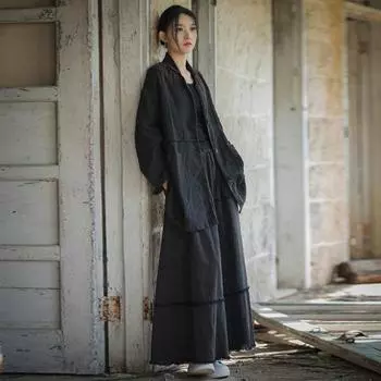 Женские куртки в китайском стиле, весенние однотонные пальто на пуговицах, свободные куртки с карманами в стиле пэчворк One Size чёрный