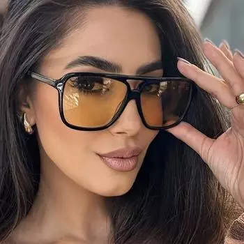 Женские квадратные модные солнцезащитные очки с двойным мостиком и антибликовыми линзами ночного видения - модная оправа из поликарбоната для походов и повседневной одежды жёлтый