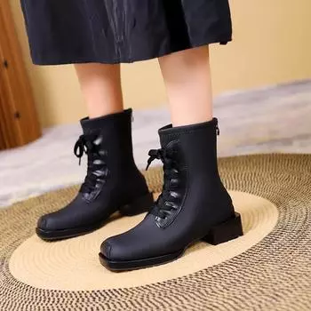 Женские квадратные носки с застежкой-молнией сзади, модные осенние женские туфли с перекрестными ремешками, средний каблук, горячая распродажа, женские сапоги 35